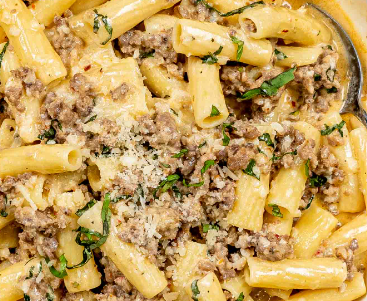 Sausage Rigatoni with Creamy Green Chile Mustard Sauce