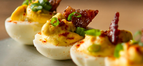 Dijon Deviled Eggs with Maple Candied Bacon