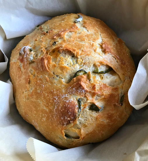 No Knead Green Chile Cheddar Loaf